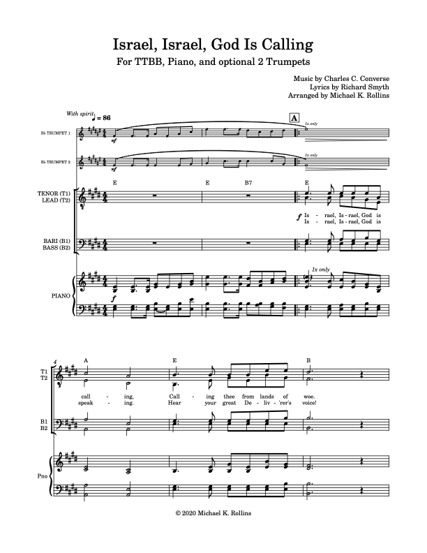 Israel, Israel, God Is Calling (TTBB & 2 trumpets)