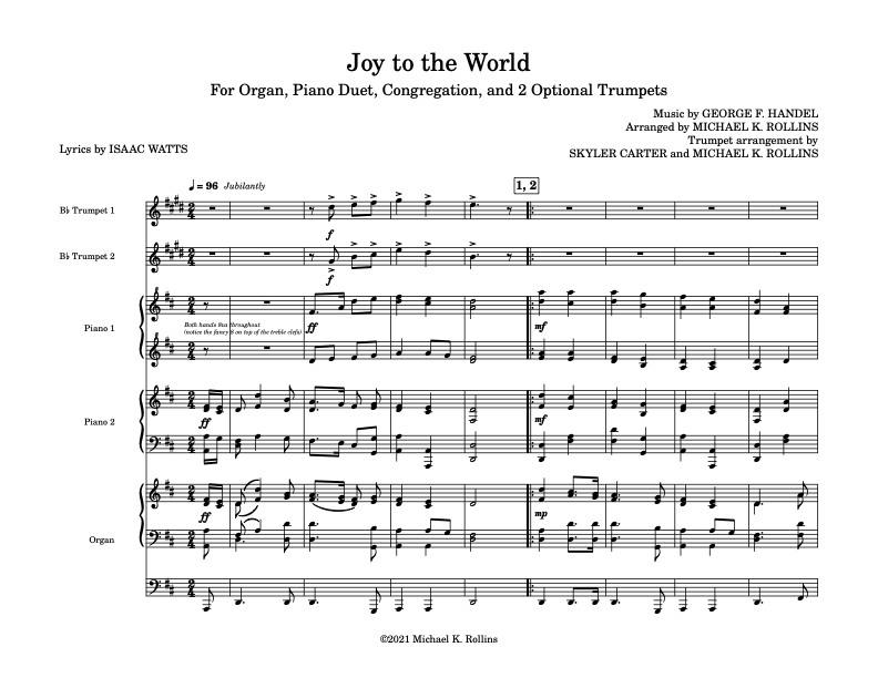Joy to the World (Organ, Piano Duet, Trumpets, Congregation)