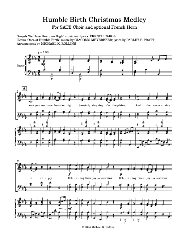 Humble Birth Christmas Medley (SATB, Piano, + French horn)